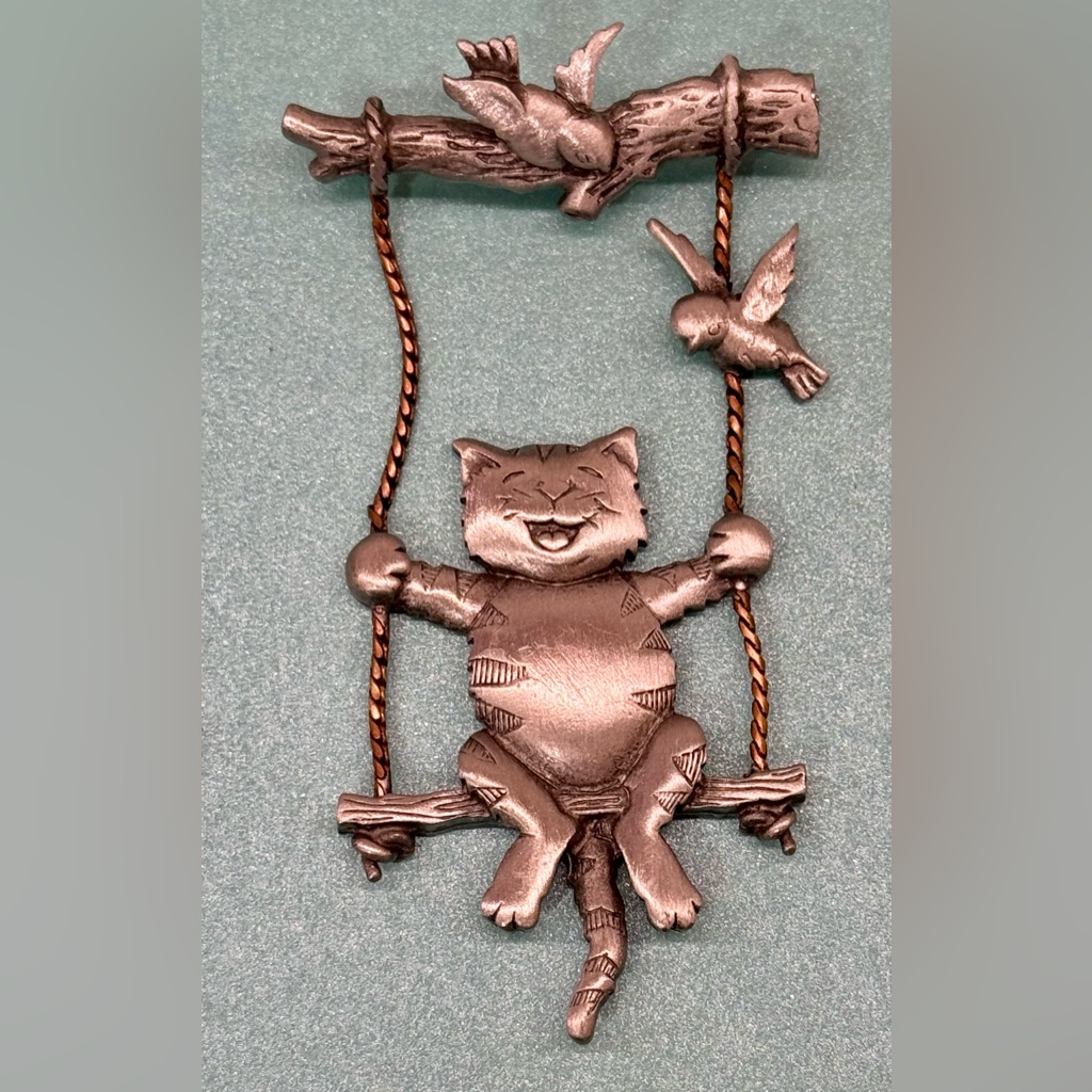 Jj Cat On Swing Pewter Brooch With Birds Jonette Jewelry Co 14$